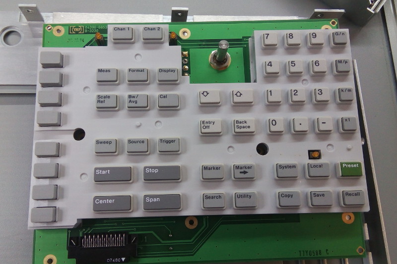 Front panel PCB, rubber key membrane and key frame