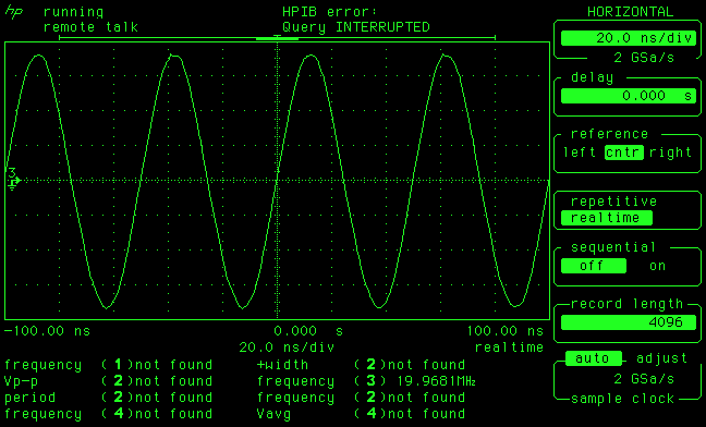 Hewlett-Packard HP-54542A screen capture with Python: normal sine wave