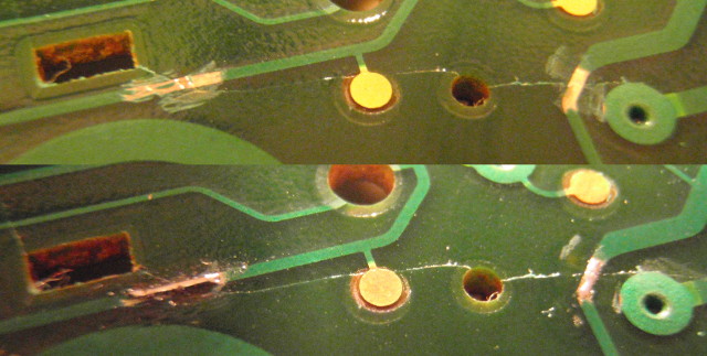 Hewlett-Packard 54600B: scraped resist to expose the copper, ready for solder bridging