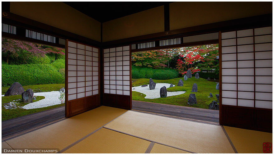 Traditional Japanese room with view on modern zen garden