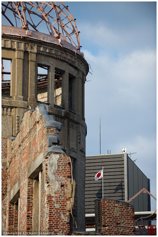 A-Bomb Dome and Japanese flag