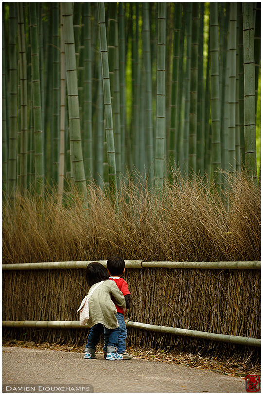 Two young children in the bamboo alley of Arahiyama, Kyoto, Japan