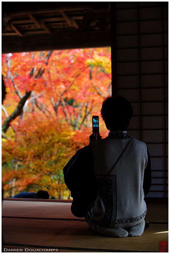Autumn colors and keitai photographer (Hokyo-in 宝筺院)