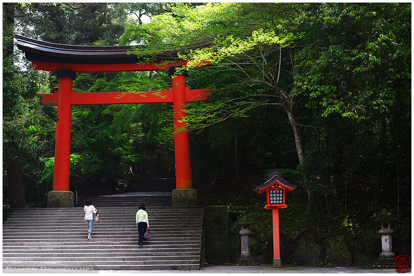 Large red torii gate at the entrance of the Usa-jingu shrine, Oita, Japan
