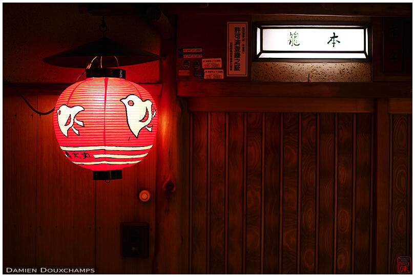 Red paper lantern at the entrance of an exclusive restaurant in Pontocho street