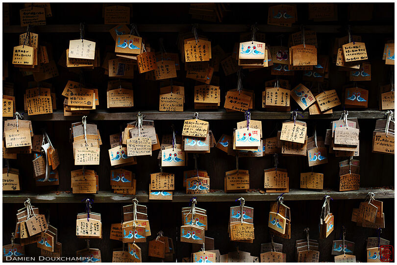 Old ema tablets in dark corner of Miyake Hachimangu shrine, Kyoto, Japan