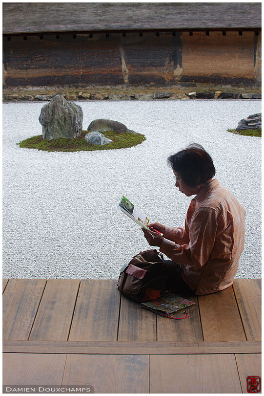 Tourist reading in front of Royanji's rock garden