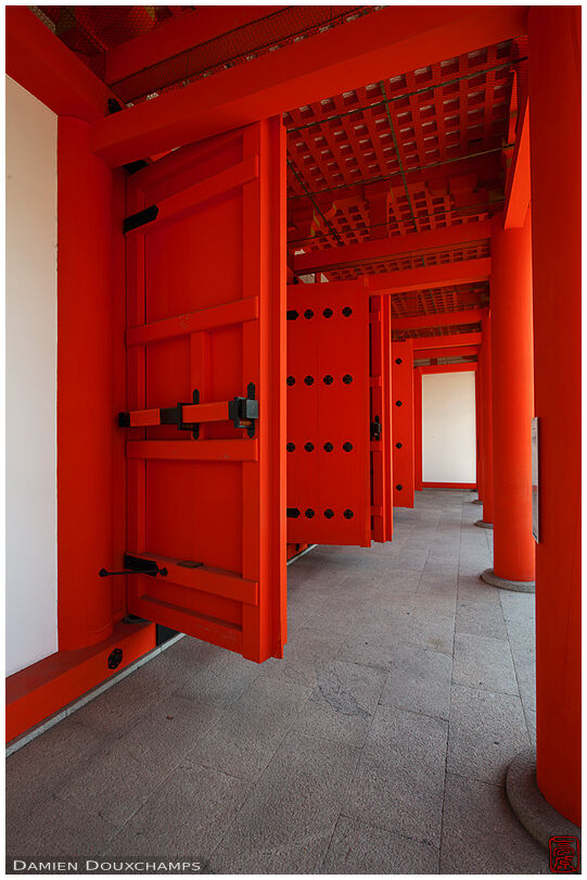Red gates at the entrance of Sanjusangen-do temple