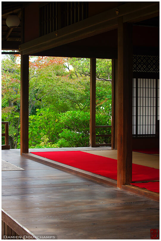 Hall with view on zen garden in autumn, Daiho-in temple
