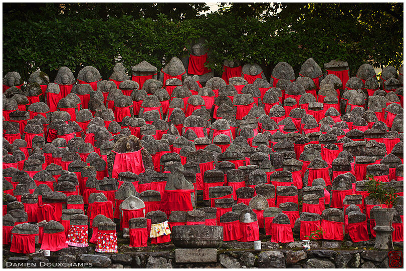 Numerous jizo statues with red cloths, Risho-in temple