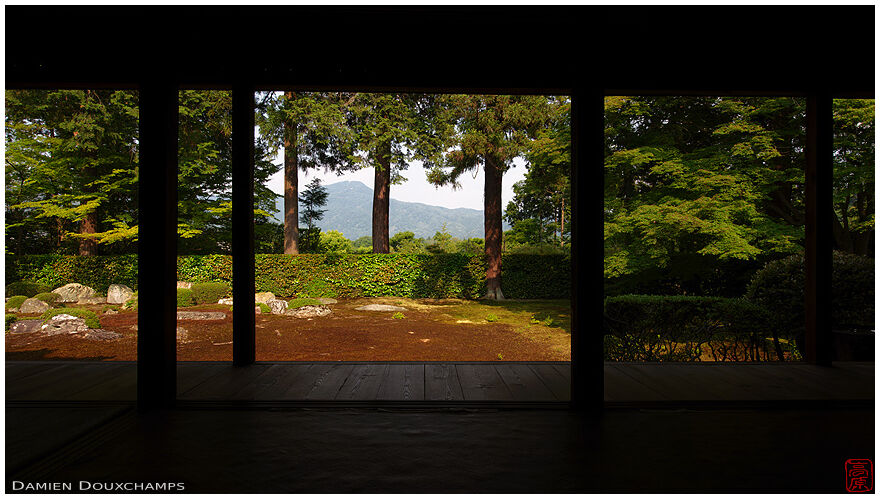Borrowed landscape: Mount Hiei as part of a Japanese garden in Entsu-ji, Kyoto, Japan