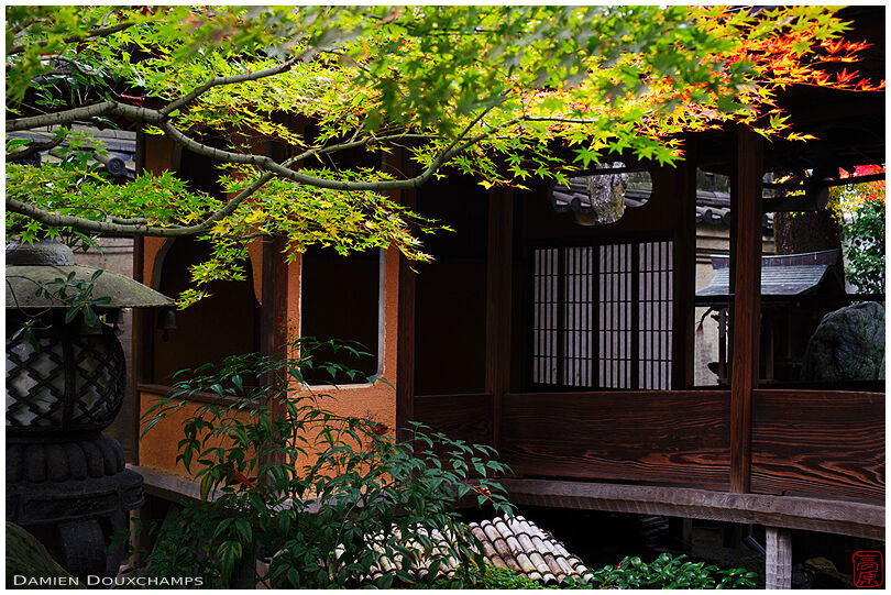 Small bridge with alcove in the garden of the Sumiya, Kyoto, Japan