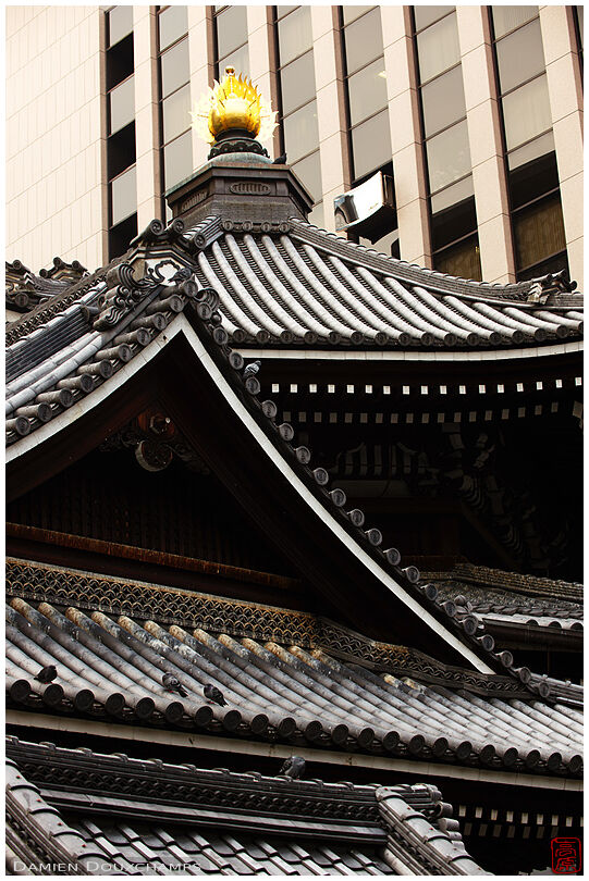 Traditional roof lines of Rokkaku-do and its surrounding modern buildings in the center of Kyoto, Japan