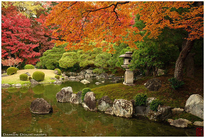 Autumn foliage covering stone lantern and pond in the Seifu-so villa, Kyoto, Japan