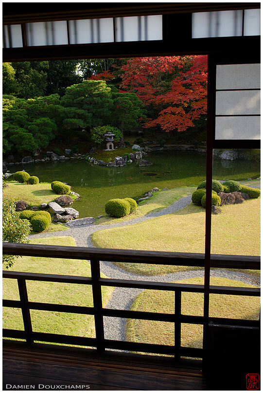 Serene Japanese garden with a touch of red maple autumn colour in the Seifuso villa, Kyoto, Japan
