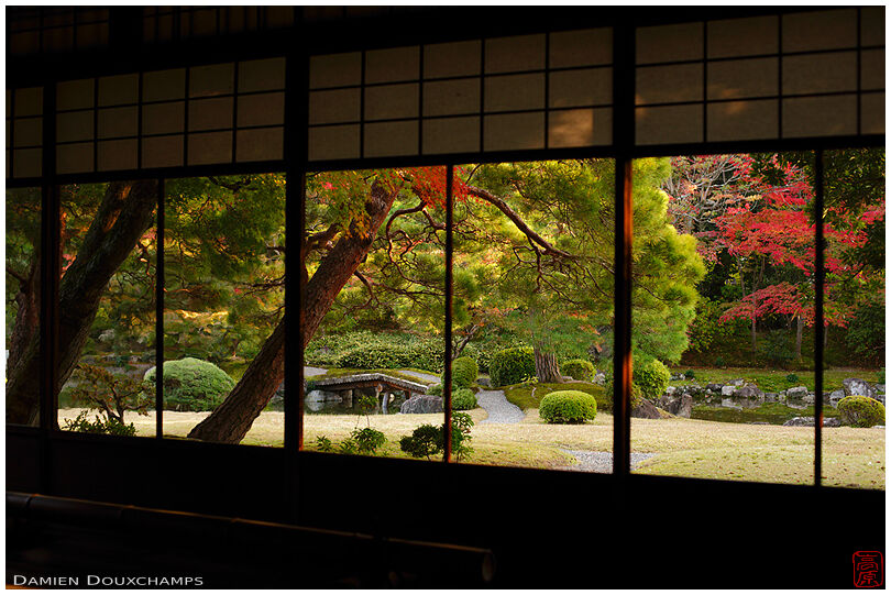 Guest room with view on garden in autumn, Seifu-so villa, Kyoto, Japan