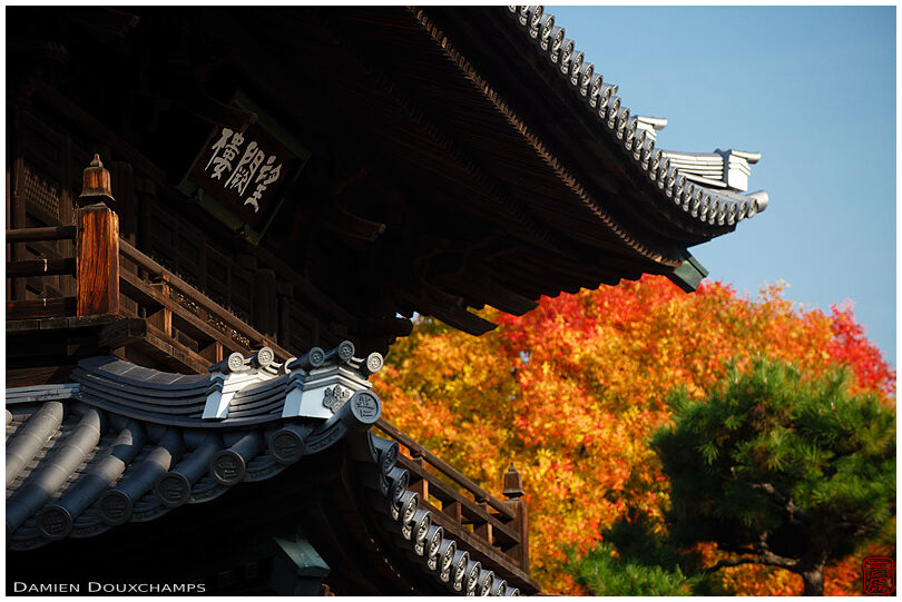 The roof of Kennin-ji temple gate with autumn colours, Kyoto, Japan
