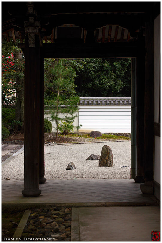 Standing stone in the rock garden of Rinsen-ji temple, Kyoto, Japan