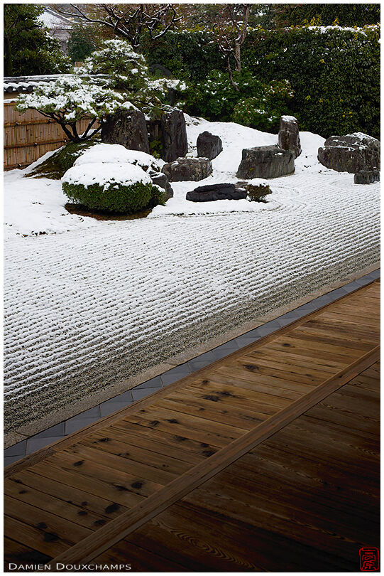 Light snow over the rock garden of Korin-in temple, Kyoto, Japan