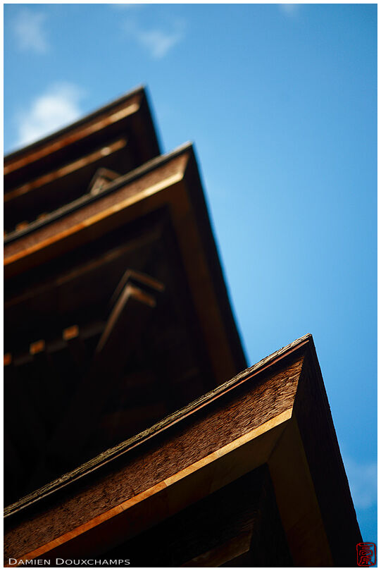 Pagoda roof lines and blue sky, Kongorin-ji temple, Shiga, Japan