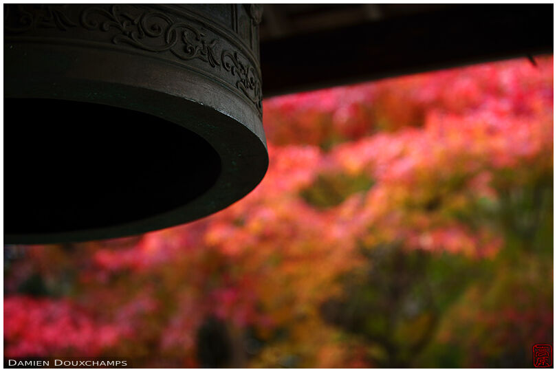 Temple bell and autumn foliage, Hana-dera, Kyoto, Japan