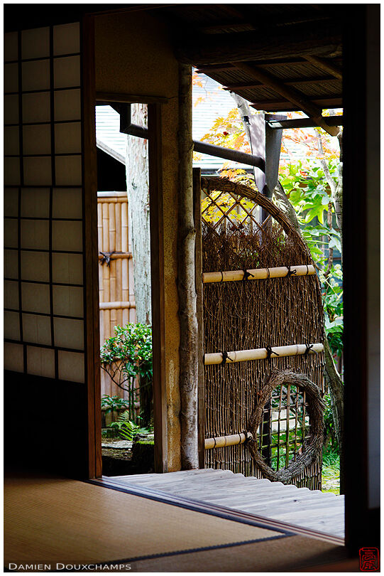 Elaborate bamboo partition in a tea house of Kachu-an, Kyoto, Japan