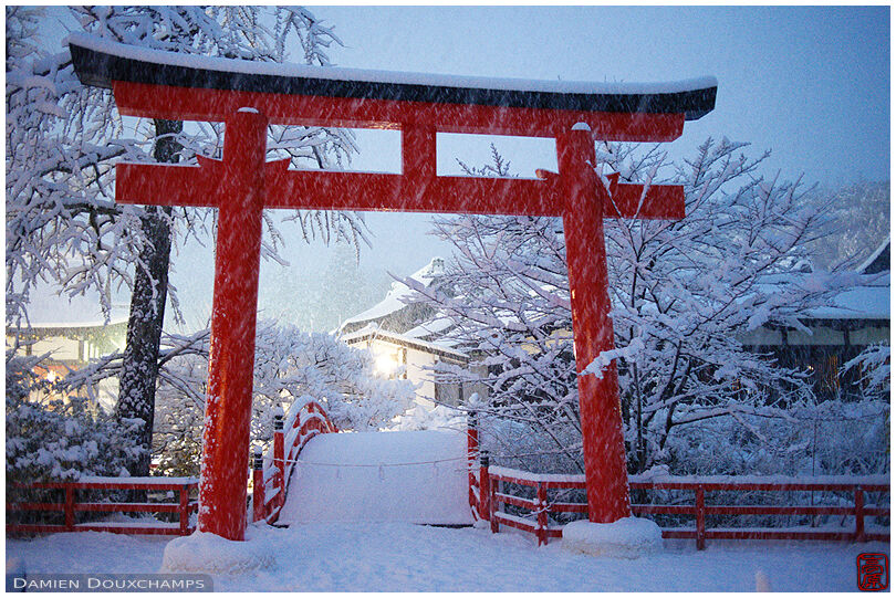 Show storm at blue hour on Shimogamo shrine red torii gate, Kyoto, Japan