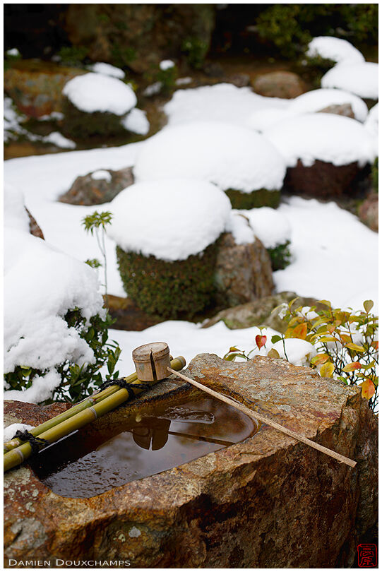 Cracked bamboo ladle on tsukubai water basin in the snow covered garden of Taizo-in temple, Kyoto, Japan