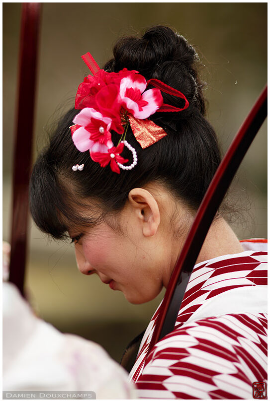 Female archer portrait during the Toshiya event in Sanjusangendo temple, Kyoto, Japan
