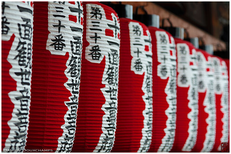 Row of red paper lanterns, Jizo-in temple, Kyoto, Japan