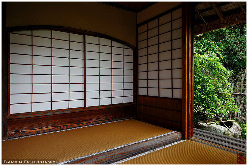 Old tea room interior with tsukubai hiding in a corner, Toji-in temple, Kyoto, Japan
