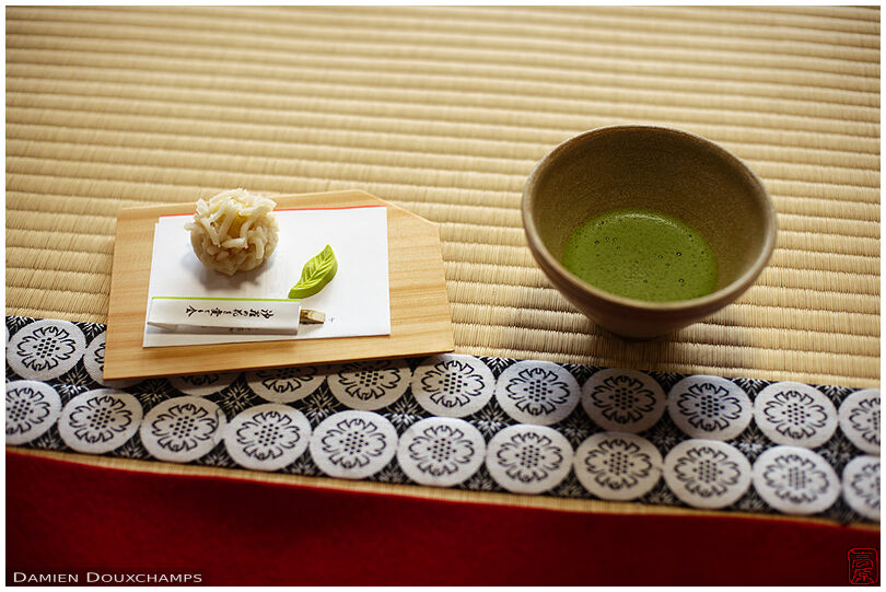 Maccha tea and traditional fresh sweets on the tatami of Torin-in temple, Kyoto, Japan