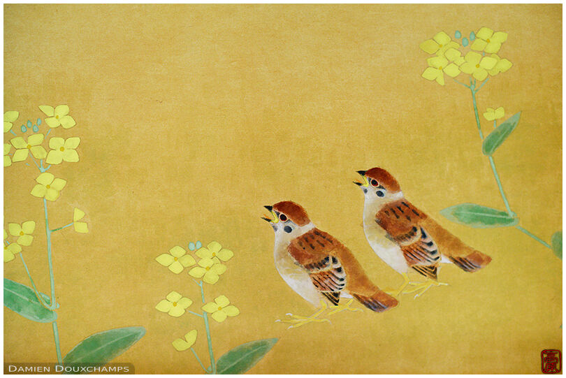 Sparrow painting in the Kobun-tei tea house of Shoren-in temple, Kyoto, Japan