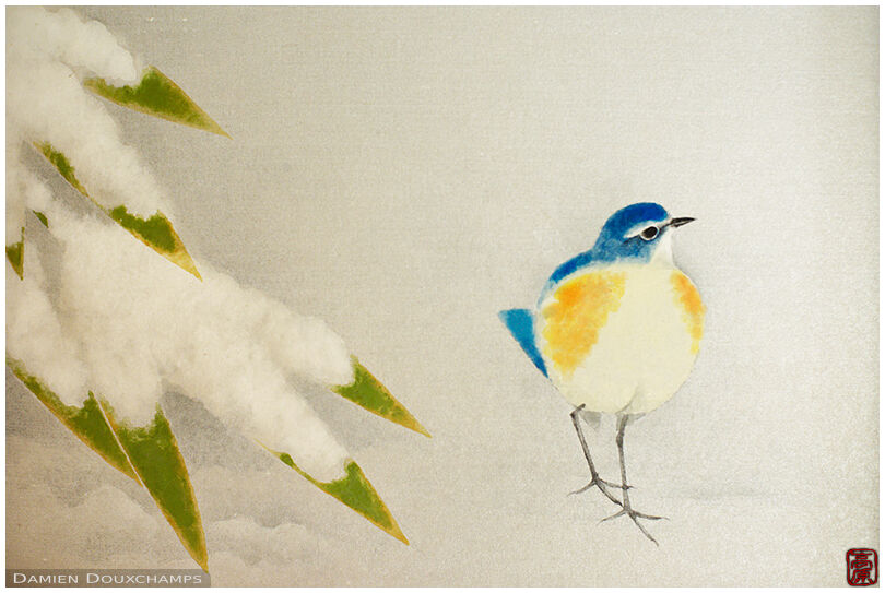 Painting of a bird in the snow on a wall of the Kobun-tei tea house in Shoren-ji temple, Kyoto, Japan
