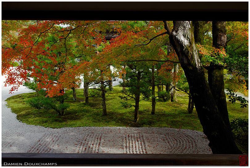 Subtle autumn colors over a little corner of the dry landscape garden of Ninna-ji temple, Kyoto, Japan