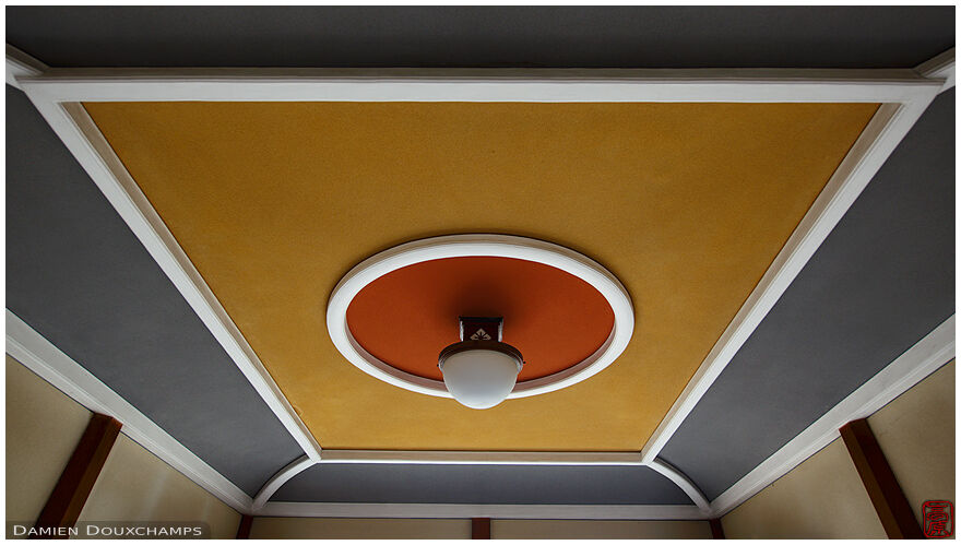 Natural colors filling the circle and square shapes of a ceiling in Shosensan-so, Kyoto, Japan