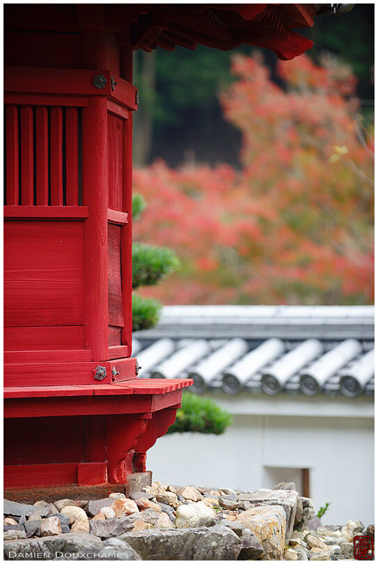 Detail of a small red wooden  pagoda in Kosho-ji temple, Kyoto, Japan