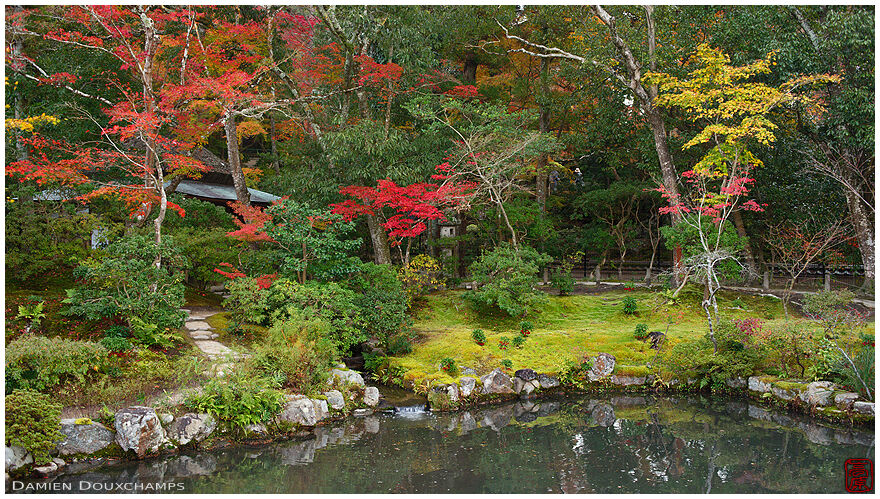 Red autumn colours sprinkled around the lower pond of the Isui-en garden, Nara, Japan