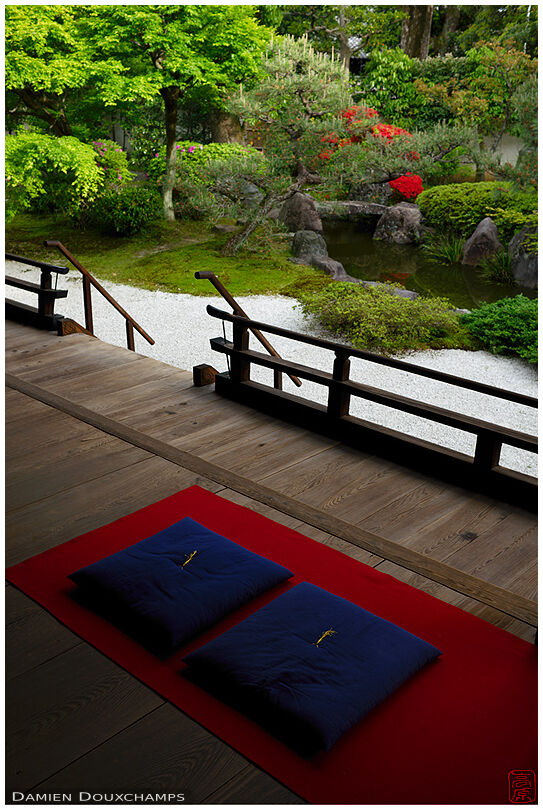 Cushions on the meditation terrace of Shodeneigen-in temple, Kyoto, Japan