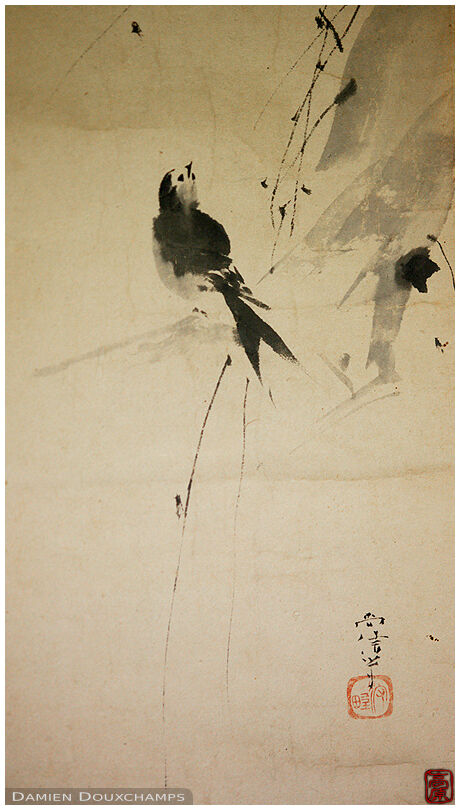 Sumi-e painting of a bird on a scroll in Shodensan-so, Kyoto, Japan