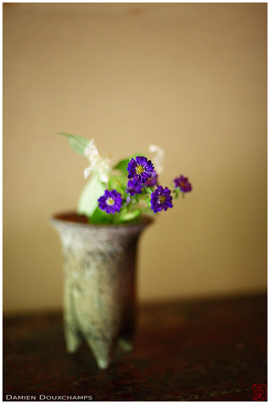 Old vase with small floral composition in the Furoan house, Kyoto, Japan