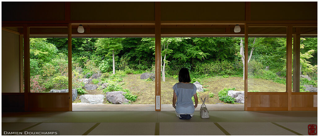 Silent and still pause in a quiet room of the Okochi-sanso villa, Kyoto, Japan