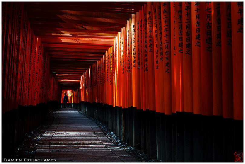 Shadow at the end of the thousand-torii path in Fushimi Inari shrine, Kyoto, Japan