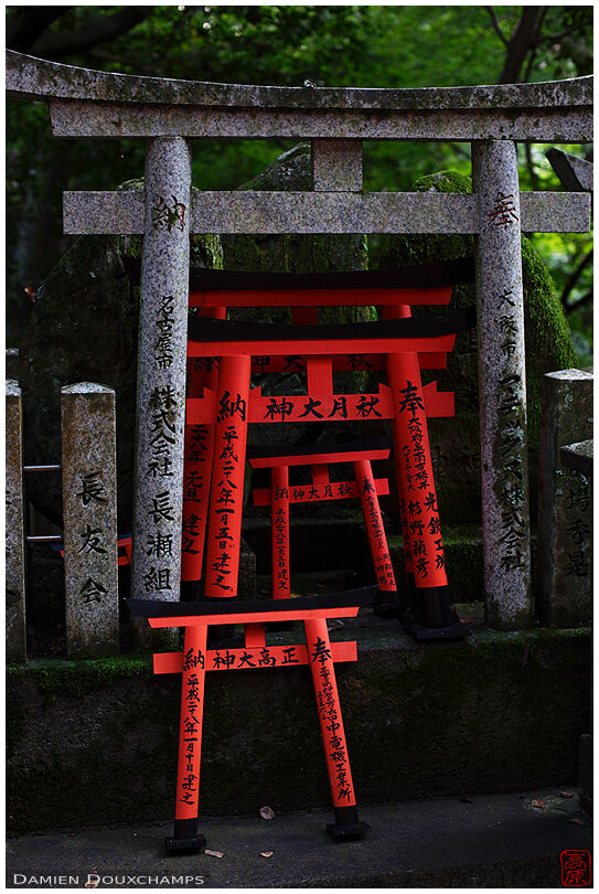 Small red torii votive offerings under large stone torii in a dark corner of Fushimi Inari shrine, Kyoto, Japan