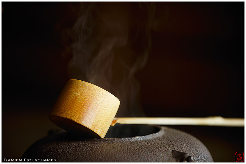 Bamboo ladle resting on water pot during tea ceremony, Shodensanso villa, Kyoto