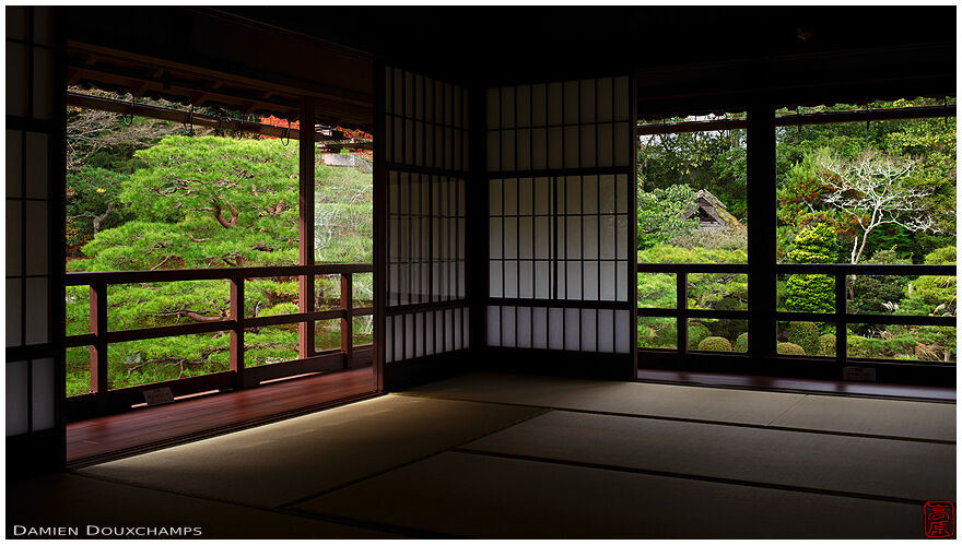 Upper floor room with view on garden foliage, Chikurin-in temple, Shiga, Japan