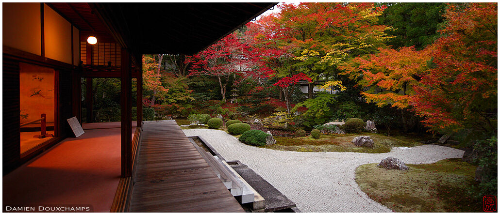 Dimly lit rooms overlooking Sennyu-ji temple rock garden full of autumn colours, Kyoto, Japan