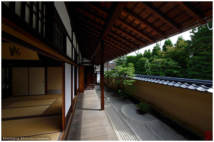 Rock garden flowing along Ryogen-in temple's buildings, Kyoto, Japan