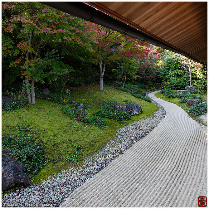 Peaceful raked sand garden in Okochi Sanso villa, Kyoto, Japan