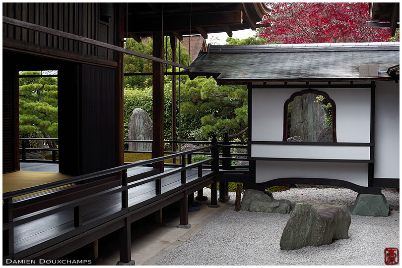 Dry landscape garden and typical sukiya architecture in Ōbai-in temple, Kyoto, Japan